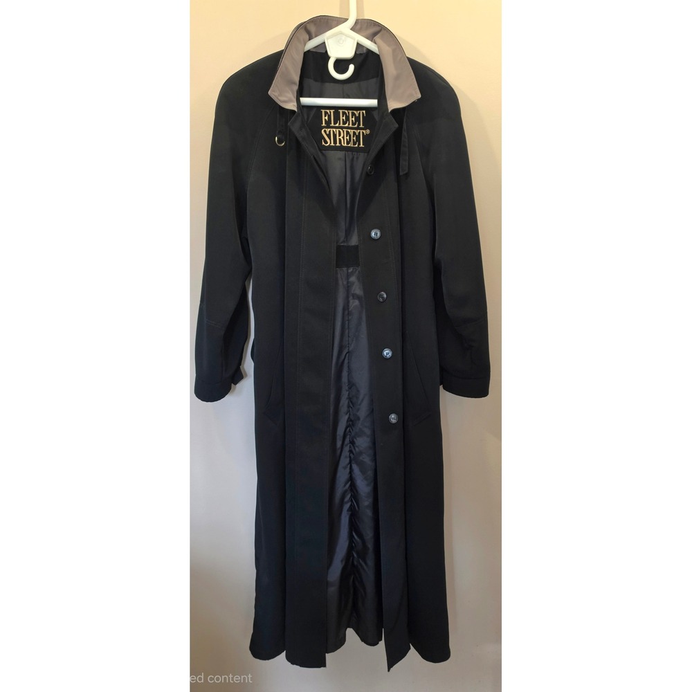 Vintage 90s Fleet Street Long Trench Coat Duster Black Tan Collar Belarus SZ 10